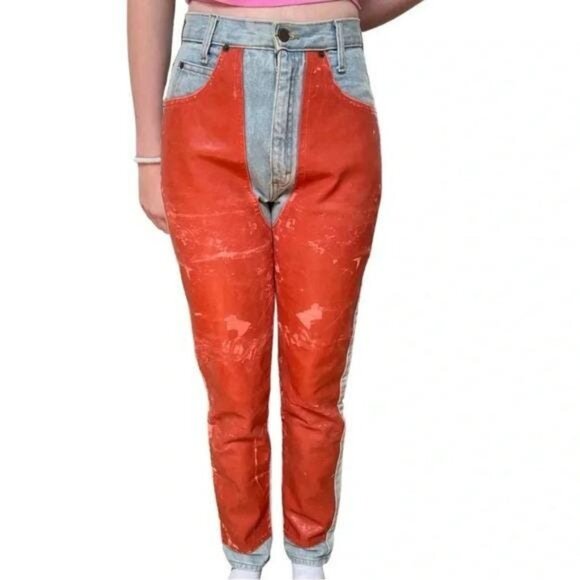 Vintage Early 1990s High-Waisted Mom Jeans – Light Wash Denim with Orange Leathe - Picture 3 of 10